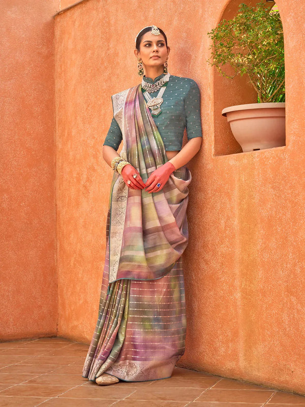 Multi Color Silk Foil Print Designer Saree with Silver Border For Festival Wear