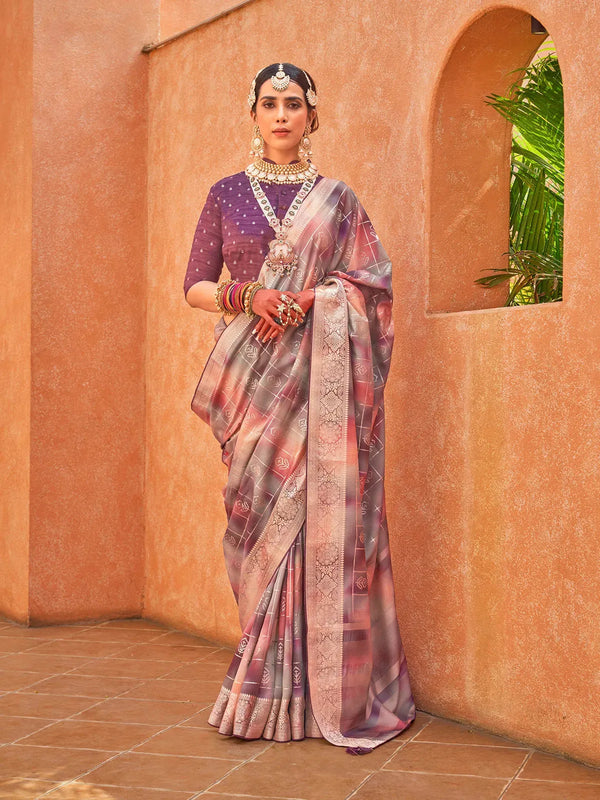 Multi Color Silk Foil Print Designer Saree with Mauve Blouse For Festival Wear