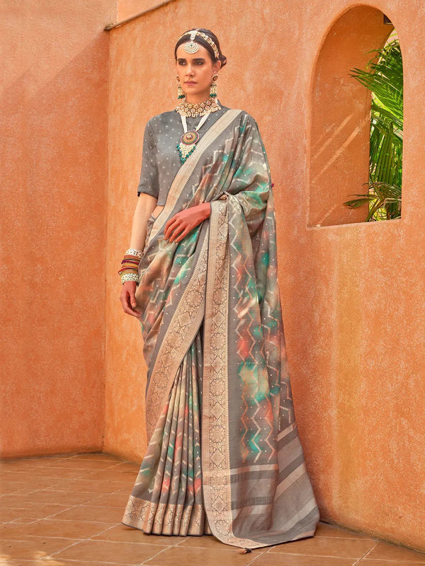 Multi Color Silk Foil Print Designer Saree with Grey Blouse For Festival Wear