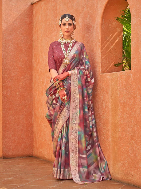 Multi Color Silk Foil Print Designer Saree with Badami Blouse For Festival Wear