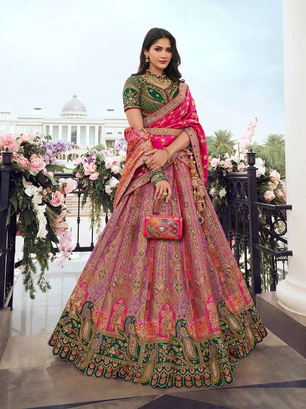 Pink Silk Bridal Lehenga Choli Set with Zarkan & Embroidery Work For Weeding