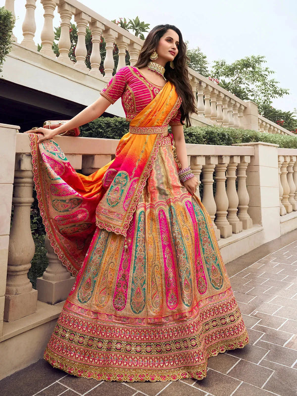 Multi-Color Silk Bridal Lehenga Choli Set with Zarkan & Embroidery Work For Weeding