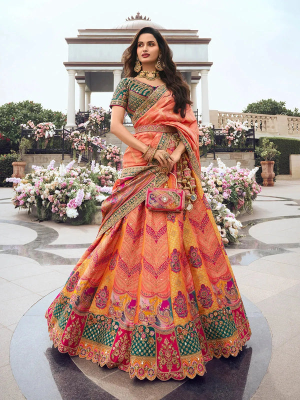 Orange & Yellow Silk Lehenga Choli Set with Zarkan & Embroidery Work For Weeding