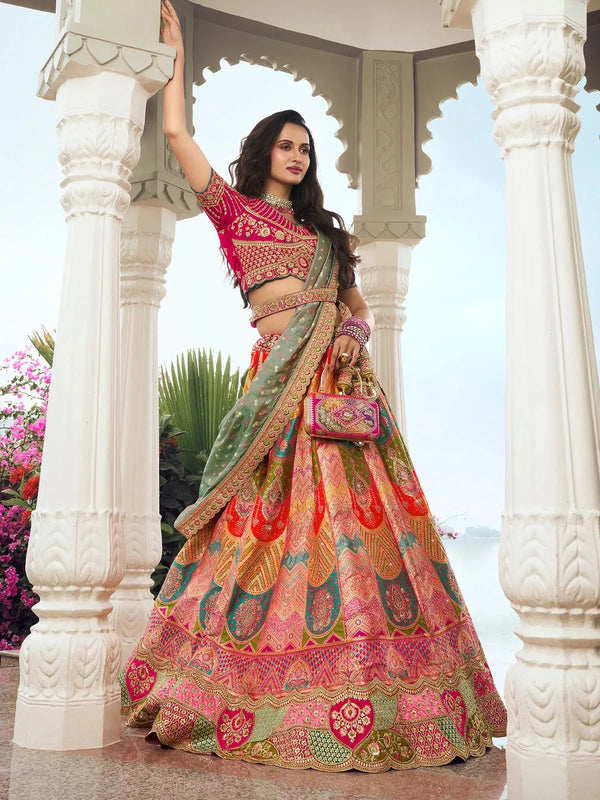 Multi-Color Embroidery Work Bridal Lehenga Choli Set with Belt Latkan For Weeding