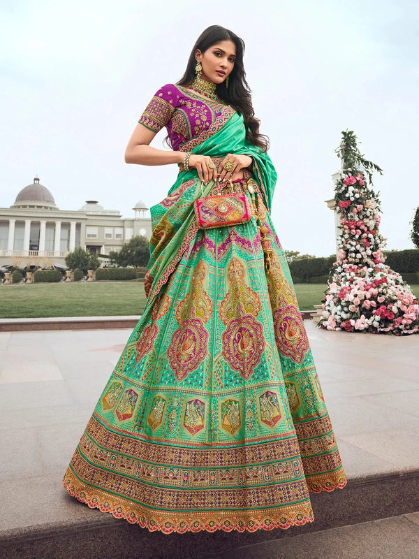 Mint Green Embroidery Work Bridal Lehenga Choli Set with Belt Latkan For Weeding