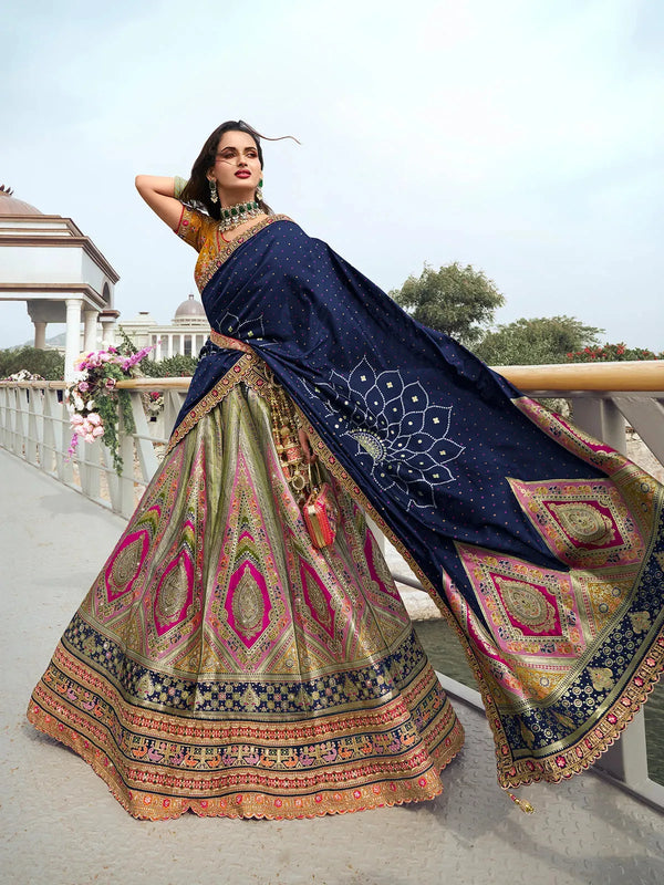 Majestic Multi-Color Silk Lehenga with Zarkan Embroidery and Blue Dupatta For Weeding