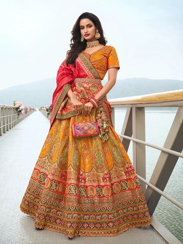 Yellow Bridal Silk Lehenga Choli Set with Zarkan & Embroidery Work For Weeding