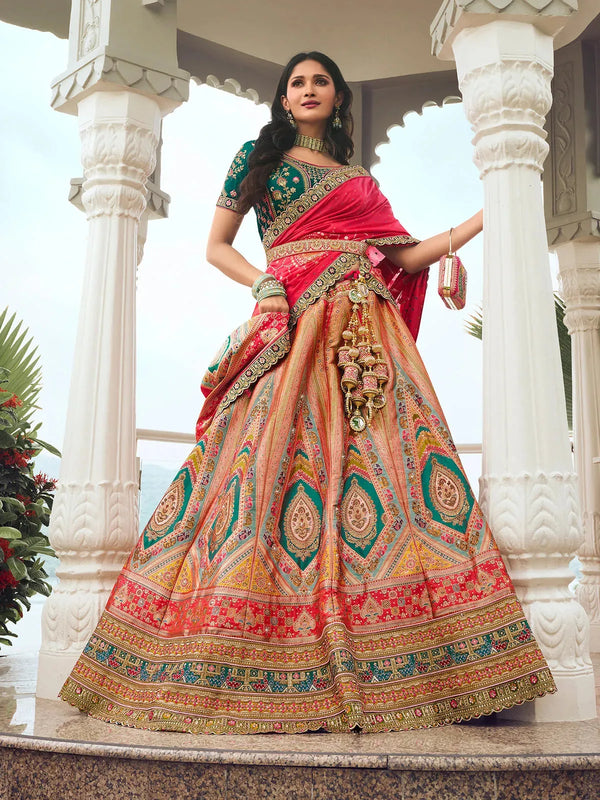 Multi-Color Silk Bridal Lehenga Choli Set with Zarkan Embroidery and Pink Dupatta