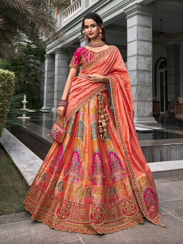 Peach Banarasi Silk Bridal Lehenga Set with Zarkan Work For Weeding