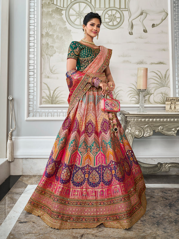 Multi-Color Banarasi Silk Bridal Lehenga Set Zarkan Work For Weeding