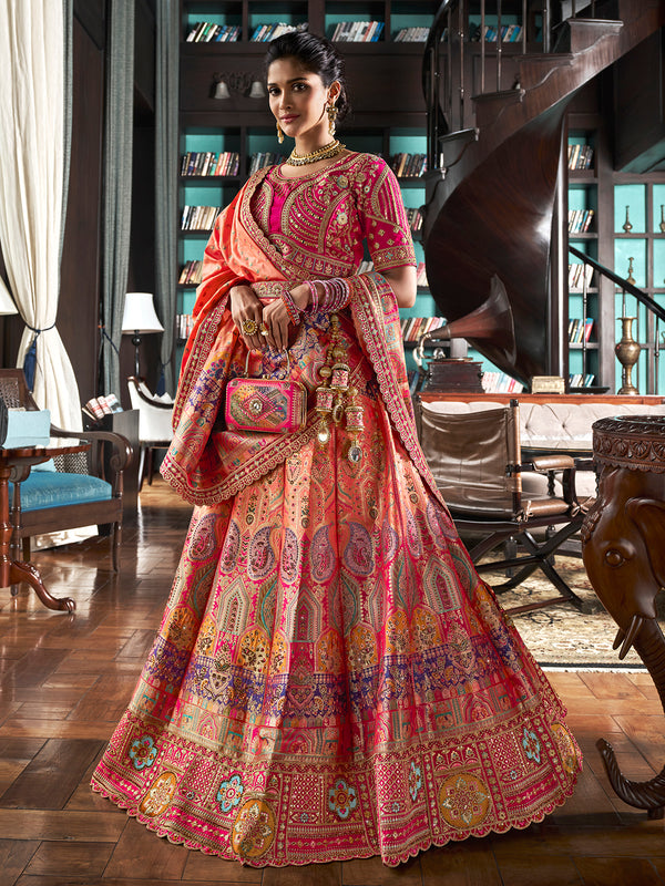 Luxurious Banarasi Silk Bridal Lehenga Set with Zarkan Work For Weeding