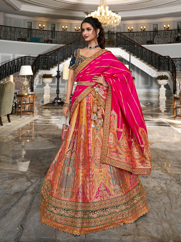 Golden Banarasi Silk Bridal Lehenga Set with Zarkan Work For Weeding