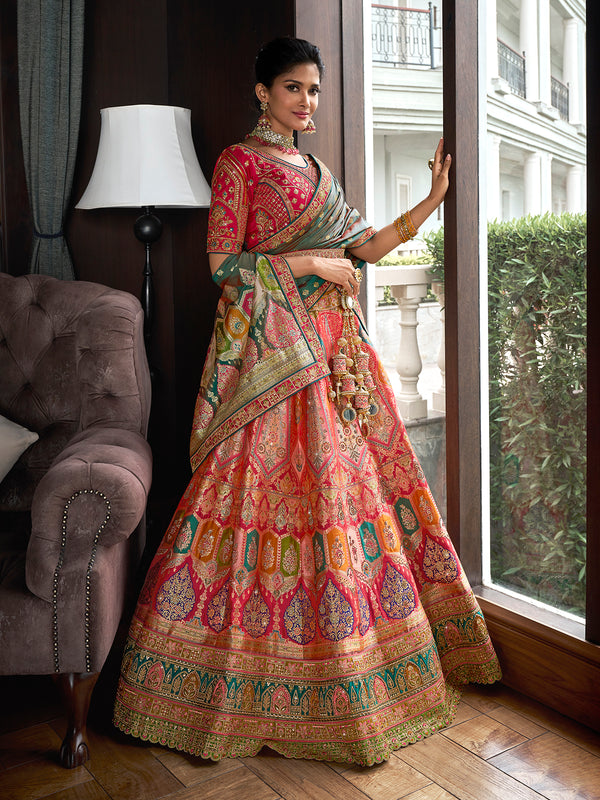 Multi-Color Traditional  Banarasi Silk Bridal Lehenga Set For Weeding