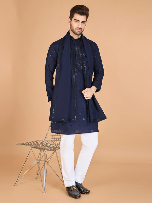 Premium Navy Viscose Silk Men's Kurta with Thread & Sequin Embroidery Work – Festive & Wedding Wear