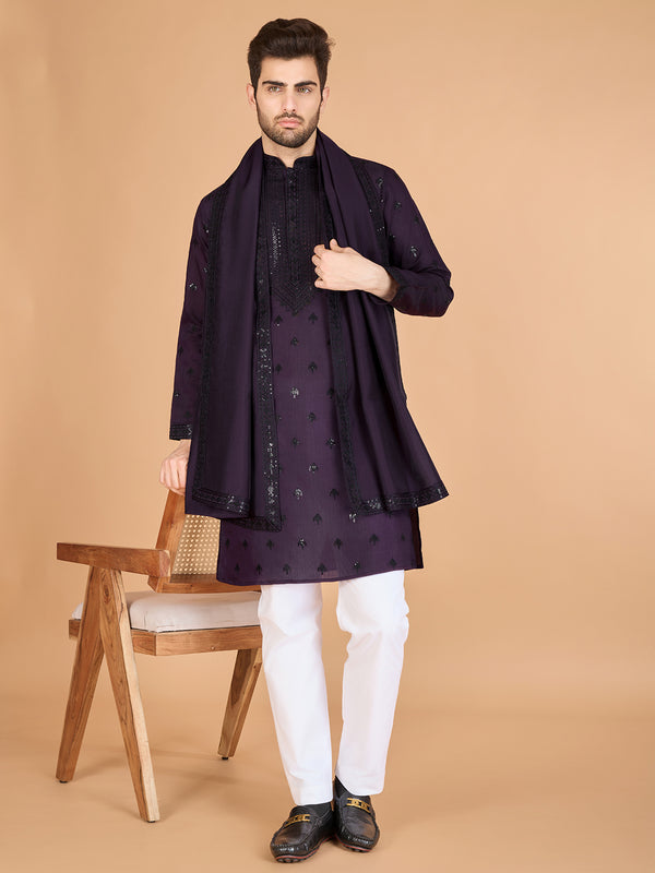 Premium Purple Viscose Silk Kurta for Men – Thread & Sequin Embroidery Work