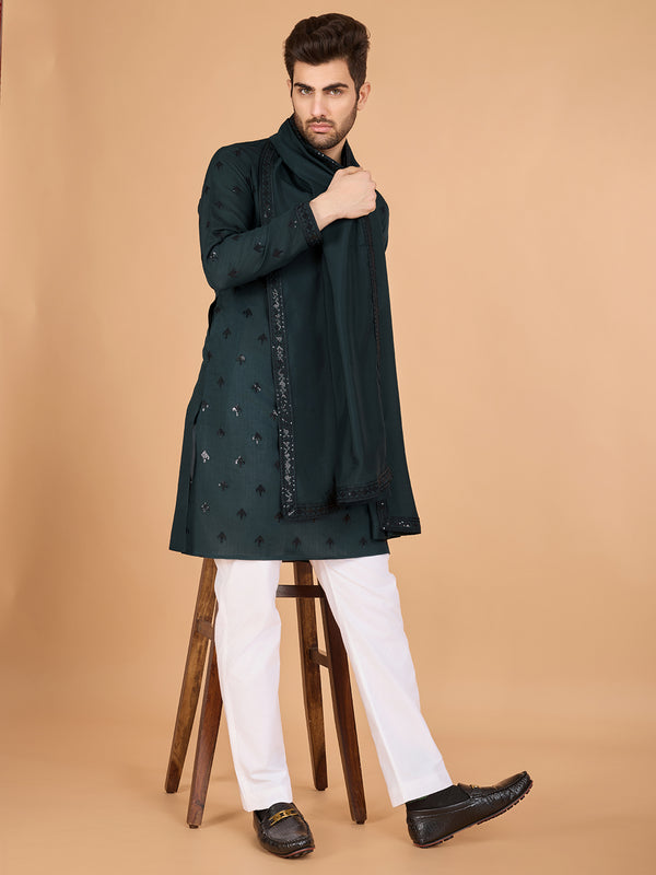 Premium Green Viscose Silk Men's Kurta with Thread & Sequin Embroidery – Festive & Wedding Wear