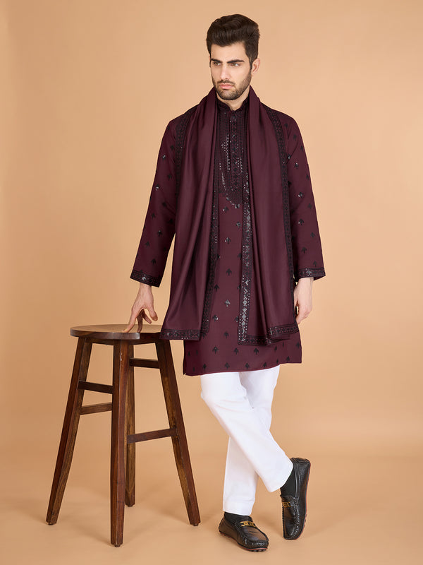 Maroon Viscose Silk Men's Kurta with Thread & Sequin Embroidery - Festive & Wedding Wear