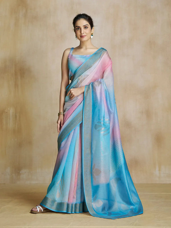 Sky Blue Silk Saree with Digital Print For Office Casual Wear