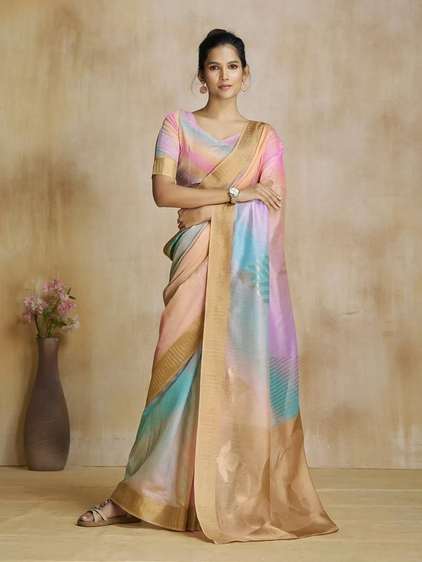 Multi-Color Silk Saree with Digital Print For Office Casual Wear