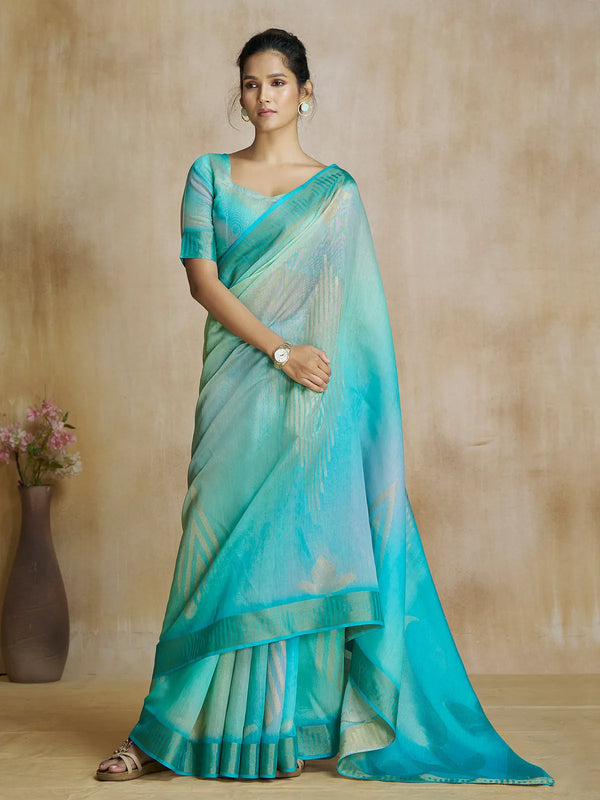 Aqua Blue Silk Saree with Digital Print For Office Casual Wear