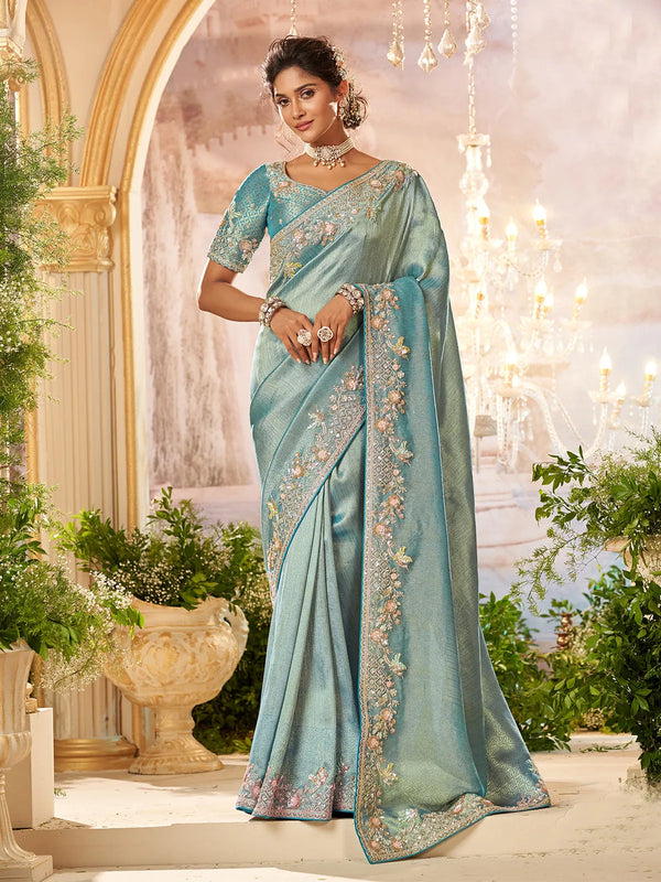 Sky Blue Weeding Embroidered Banarasi Silk Saree