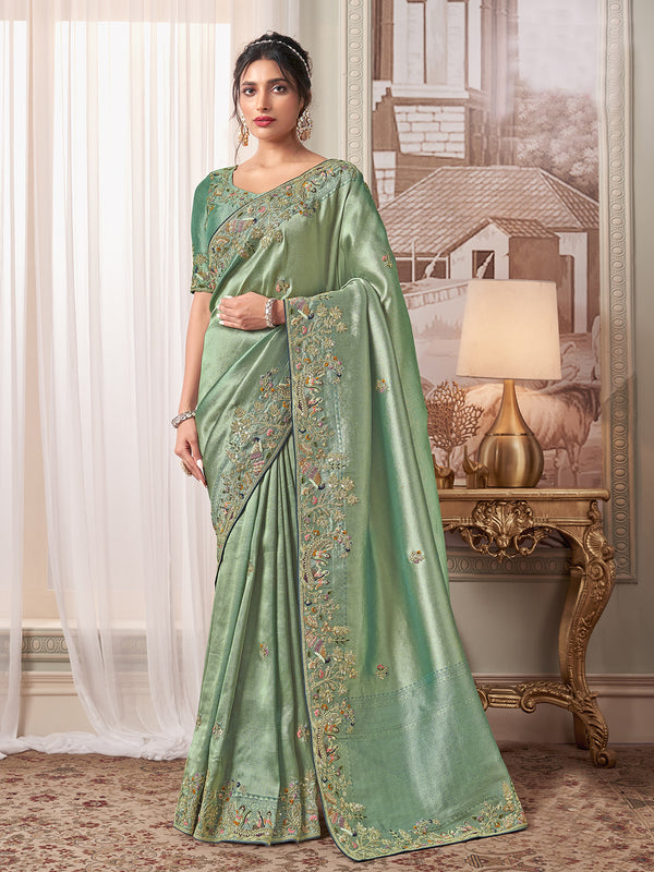 Banarasi Silk Weeding Saree In Mint Green With Embroidered Work