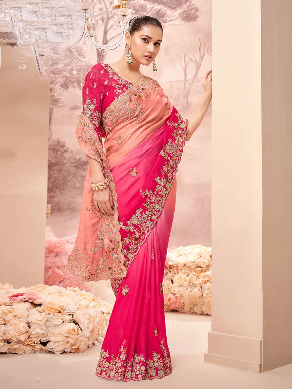 Rani Pink Banarasi Embroidered Weeding Saree