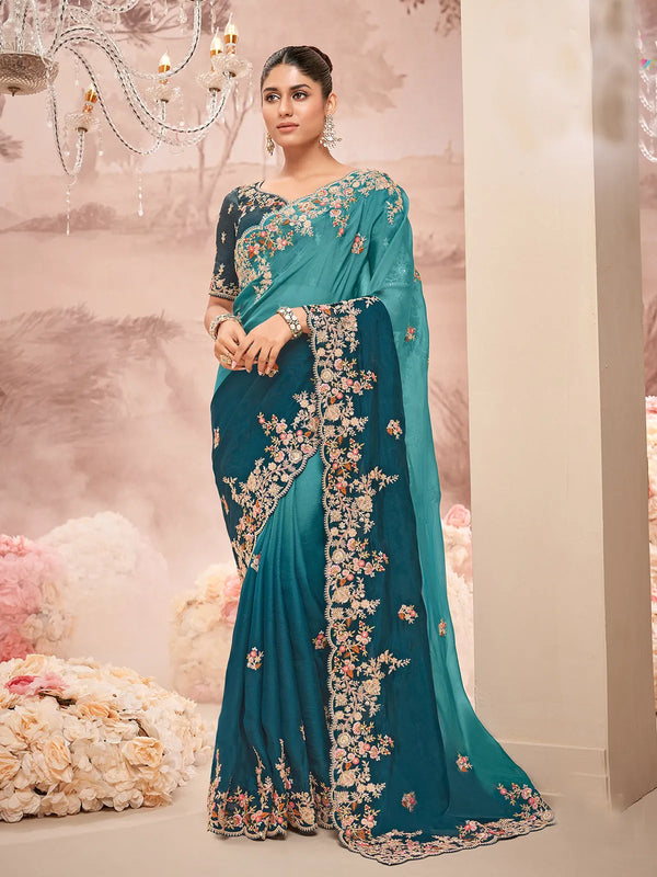 Peacock Blue Weeding Saree In Embroidered Banarasi Silk