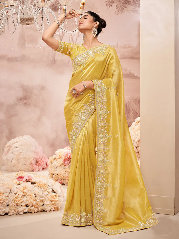 Designer Banarasi Silk Yellow Weeding Saree