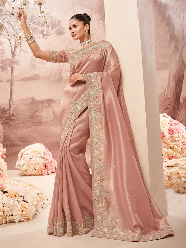 Rose Gold Designer Banarasi Silk Weeding Saree