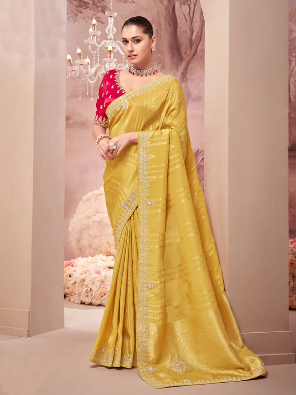 Mustard Weeding Saree In Embroidered Banarasi Silk