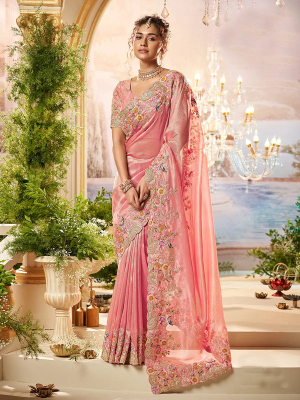 Organza Silk Peach Weeding Embroidered Saree