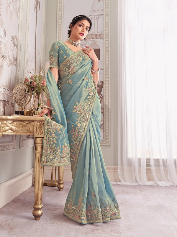 Designer Banarasi Silk Aqua Green Weeding Saree