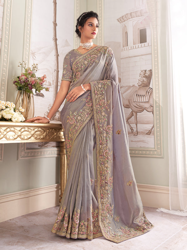 Banarasi Silk Weeding Saree In Grey With Embroidered Work