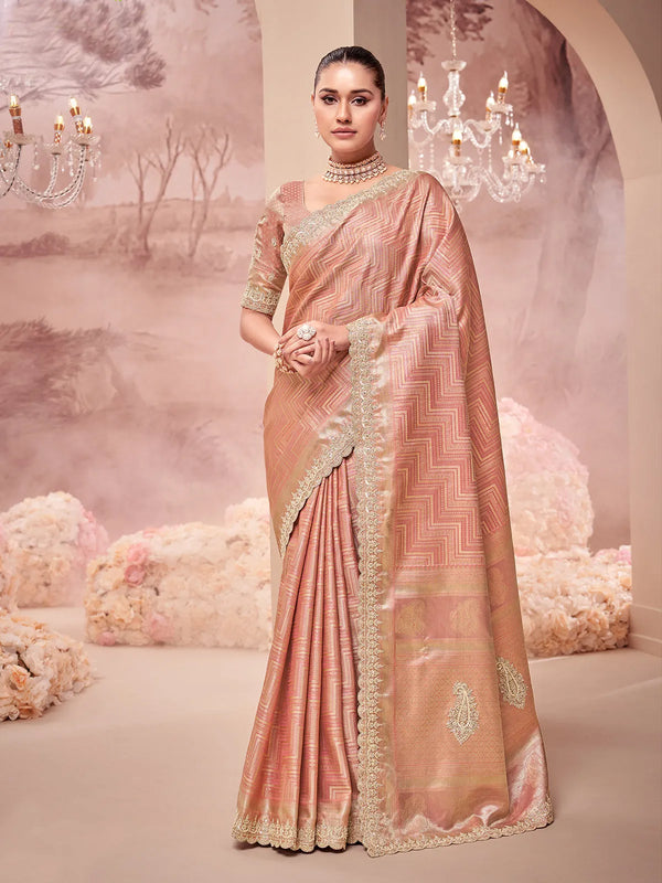 Peach Designer Weeding Embroidered Banarasi Silk Saree