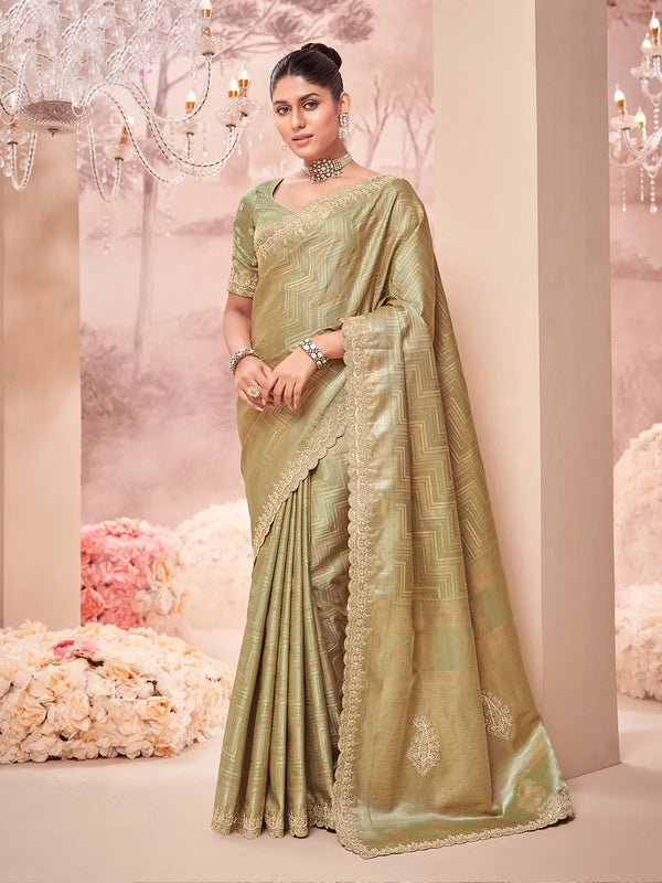 Designer Banarasi Silk Olive Green Weeding Saree