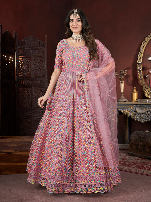 Peach Net Embroidery & Zarkan Lehenga Choli Set