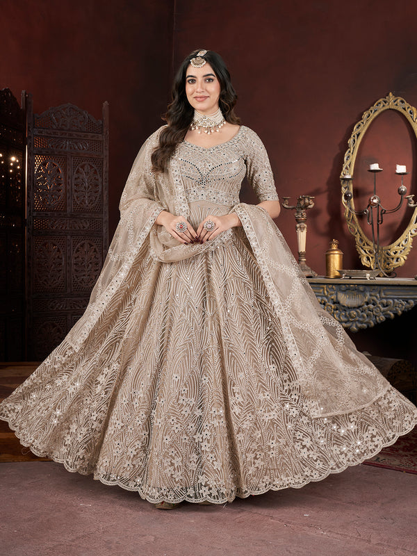 Chiku Net Lehenga with Embroidery and Zarkan Work