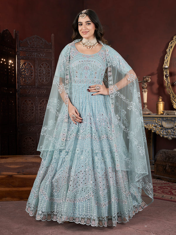 Sky Blue Net Lehenga with Zarkan Embroidery