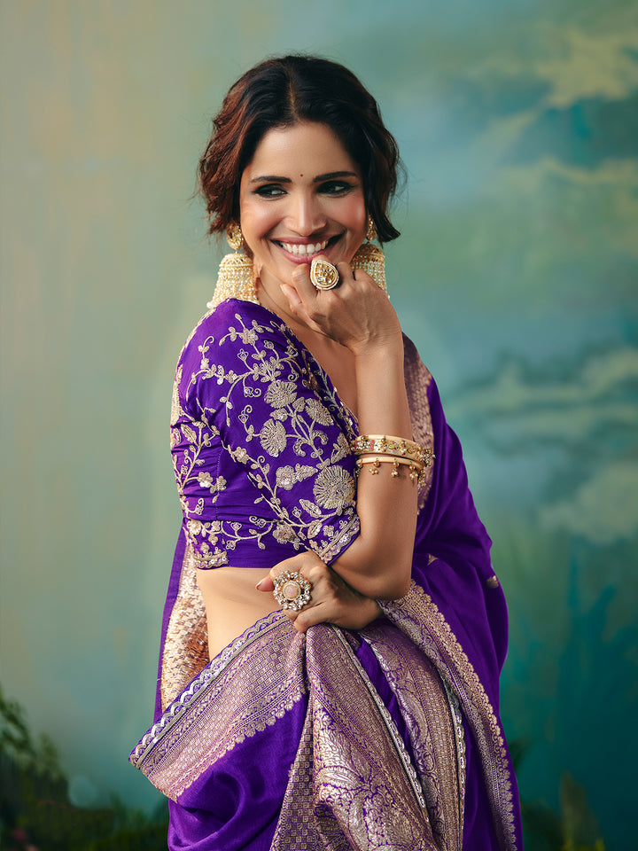 Purple Dola Viscose Silk Saree with Zari Weaving & Sequence Work | Festive Wedding Saree