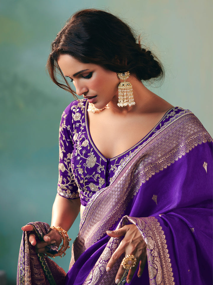Purple Dola Viscose Silk Saree with Zari Weaving & Sequence Work | Festive Wedding Saree