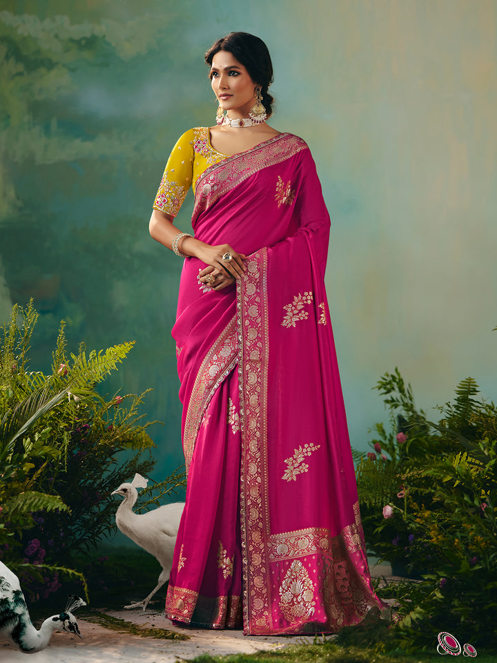 Rani Dola Viscose Silk Saree with Zari Weaving & Yellow Designer Blouse | Festive Wedding Wear