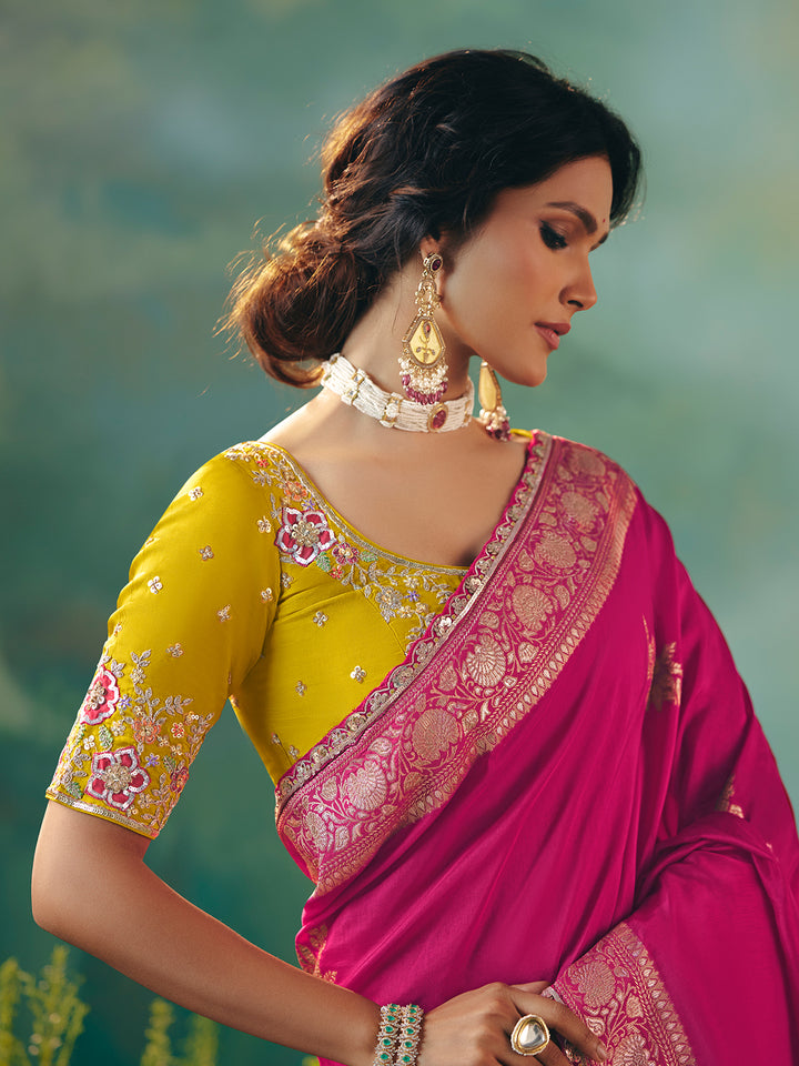Rani Dola Viscose Silk Saree with Zari Weaving & Yellow Designer Blouse | Festive Wedding Wear