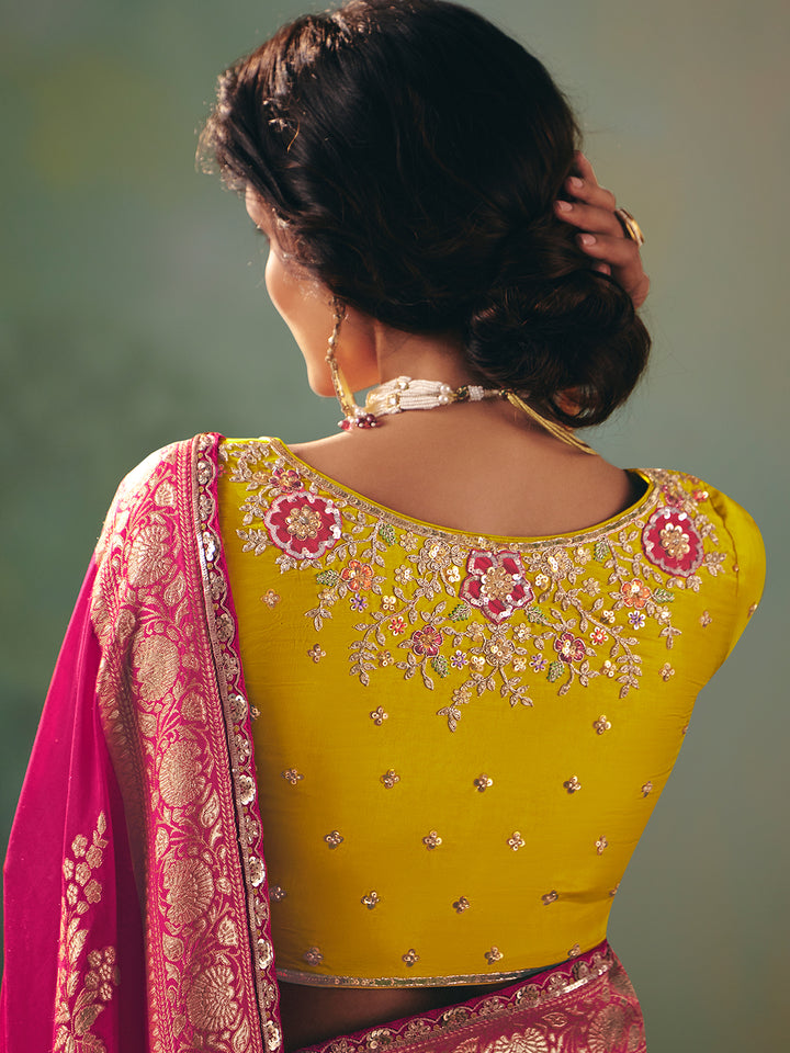 Rani Dola Viscose Silk Saree with Zari Weaving & Yellow Designer Blouse | Festive Wedding Wear