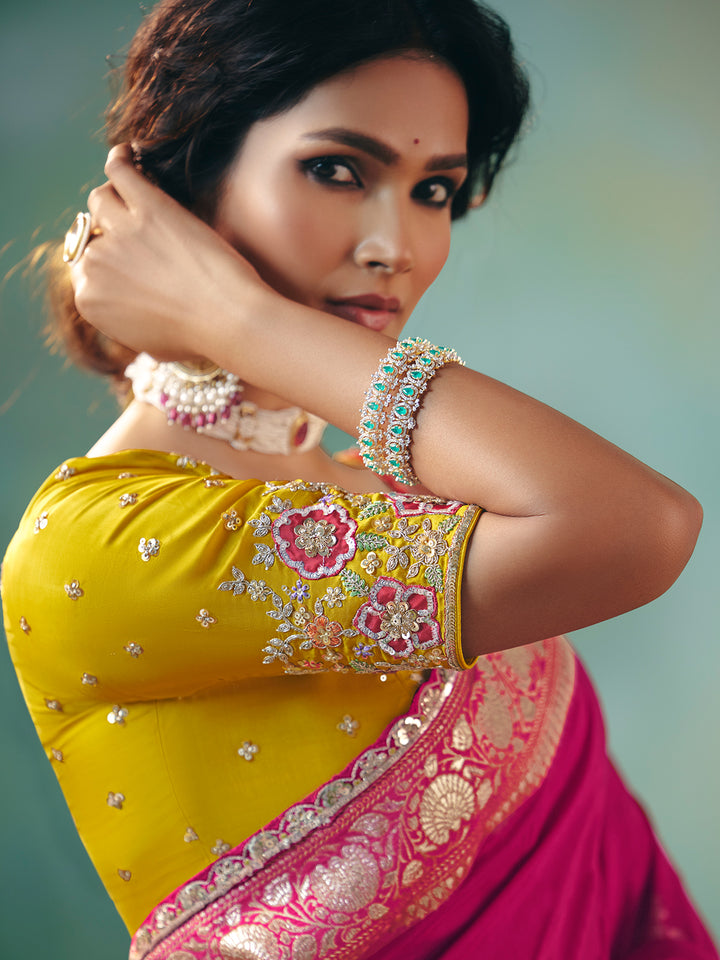 Rani Dola Viscose Silk Saree with Zari Weaving & Yellow Designer Blouse | Festive Wedding Wear