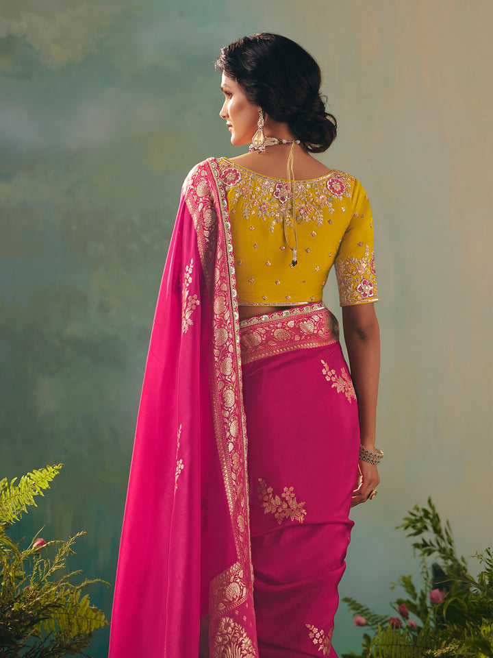Rani Dola Viscose Silk Saree with Zari Weaving & Yellow Designer Blouse | Festive Wedding Wear