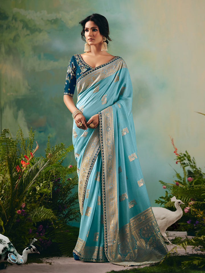 Sky Blue Dola Silk Saree with Zari Weaving and Sequin Embroidery | Festive & Wedding Wear