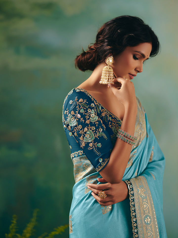 Sky Blue Dola Silk Saree with Zari Weaving and Sequin Embroidery | Festive & Wedding Wear
