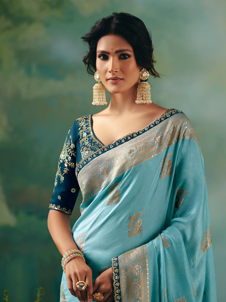 Sky Blue Dola Silk Saree with Zari Weaving and Sequin Embroidery | Festive & Wedding Wear