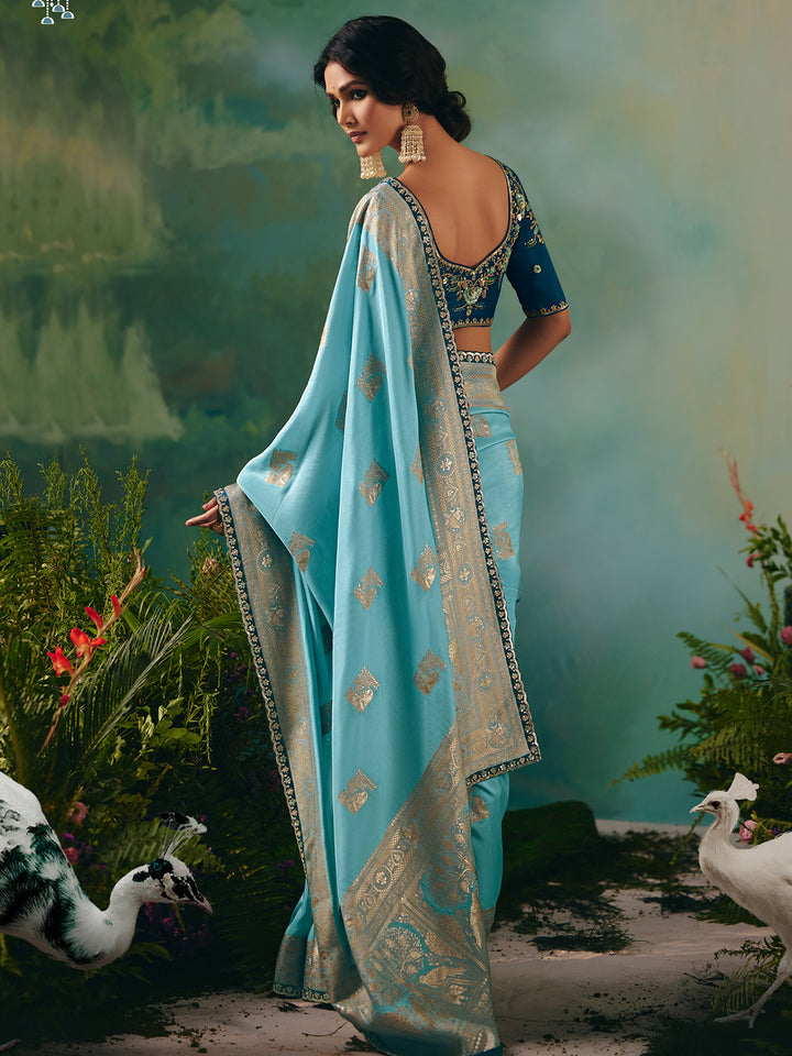 Sky Blue Dola Silk Saree with Zari Weaving and Sequin Embroidery | Festive & Wedding Wear